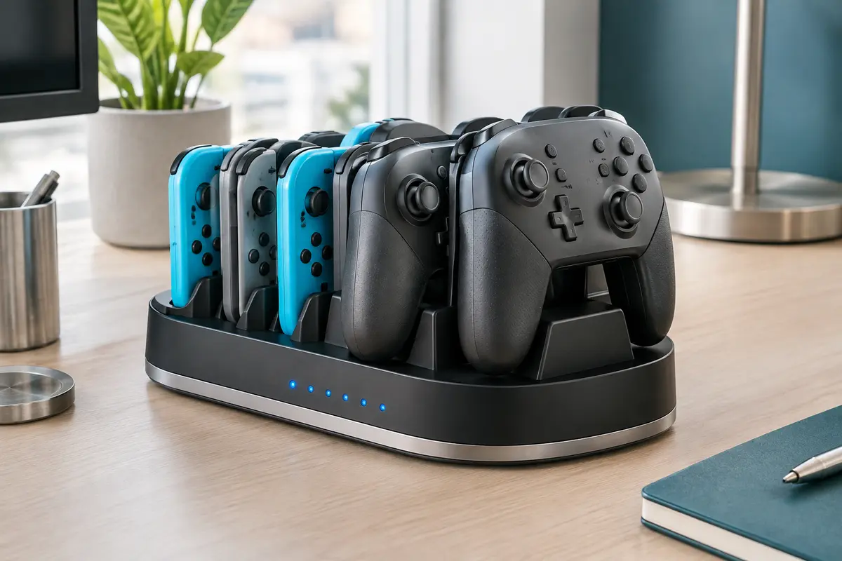Station noire de recharge magnétique pour quatre Joy-Con 2 et deux manettes Pro sur un bureau