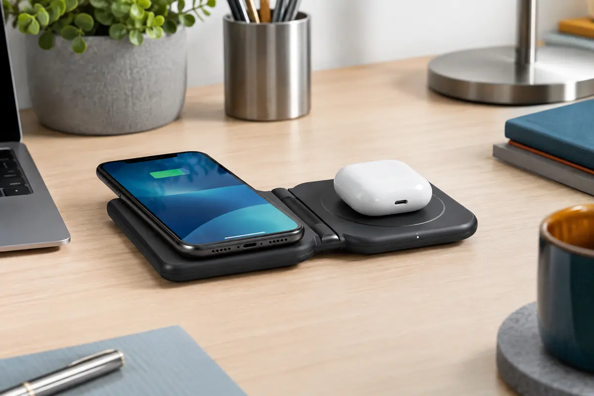 Station de charge sans fil pliable noire avec un téléphone et des écouteurs sur un bureau clair.