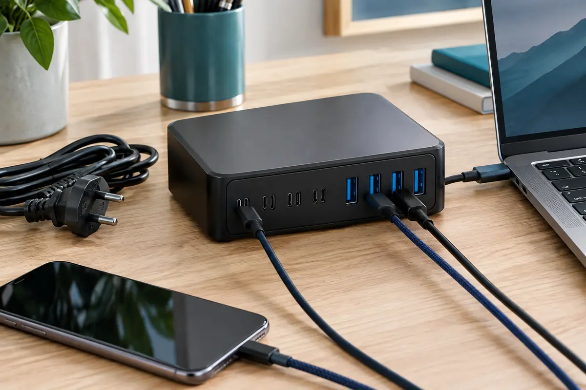 Station de charge noire à huit ports USB-C et USB-A posée sur un bureau en bois clair