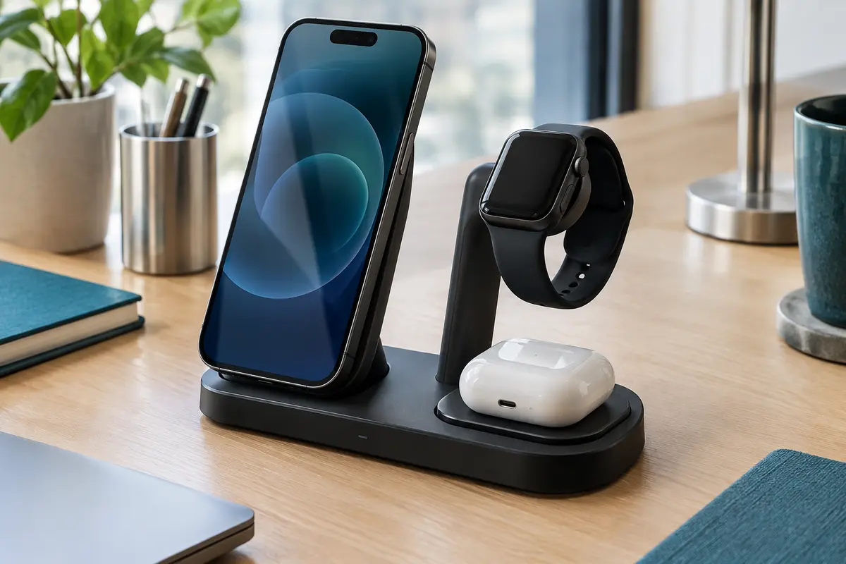 Station pliable 3-en-1 pour iPhone, Apple Watch et boîtier d’AirPods sur un bureau clair.