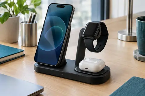 Station pliable 3-en-1 pour iPhone, Apple Watch et boîtier d’AirPods sur un bureau clair.