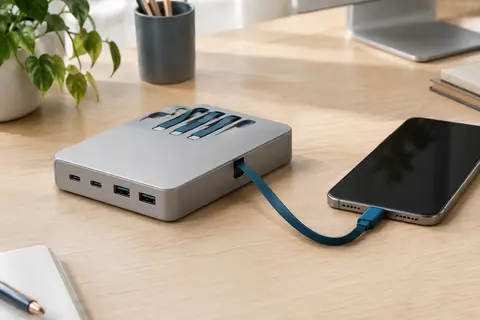 Station de charge grise plate avec quatre câbles rétractables intégrés, dont un relié à un smartphone, sur un bureau en bois clair