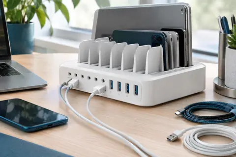 Station de charge blanche à dix ports USB avec séparateurs amovibles et câbles, posée sur un bureau clair.