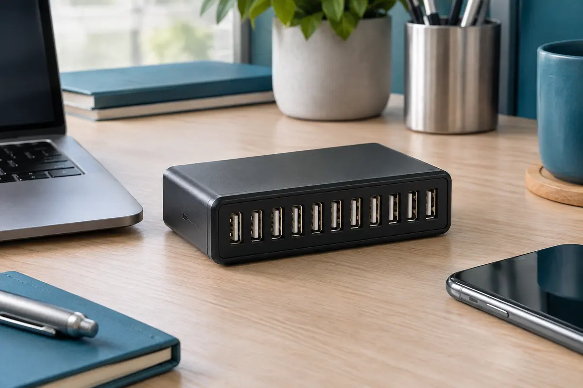 Station de charge noire à dix ports USB-A posée sur un bureau contemporain en bois clair.