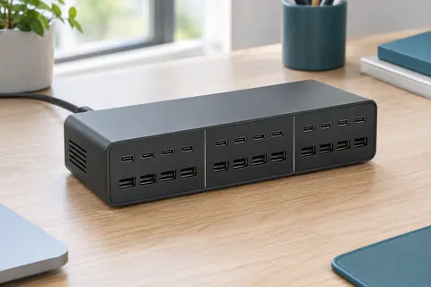 Station de charge noire allongée avec 12 ports USB-C et 12 ports USB-A en deux rangées, sur un bureau en bois clair