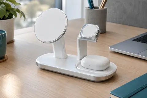 Station de charge JoyGeek blanc nacré avec modules sans fil pour smartphone, montre et écouteurs Samsung.