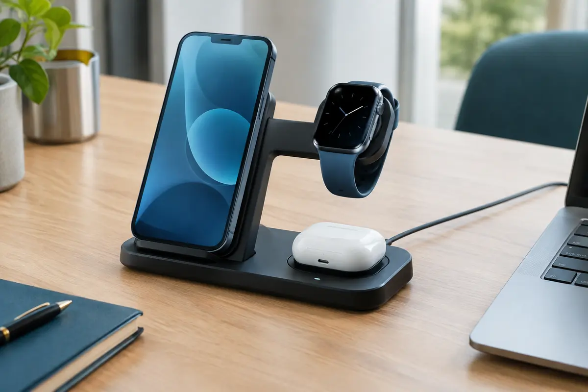 Station de charge sans fil 3-en-1 pliable noire avec téléphone, montre et écouteurs sur un bureau