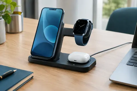 Station de charge sans fil 3-en-1 pliable noire avec téléphone, montre et écouteurs sur un bureau