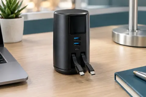 Station de charge noire Joyroom avec écran LCD, ports USB et deux câbles USB-C rétractables