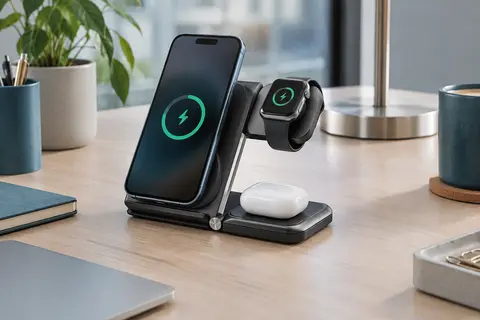Station de charge noire pliable avec smartphone, montre et boîtier d’écouteurs sur un bureau clair.