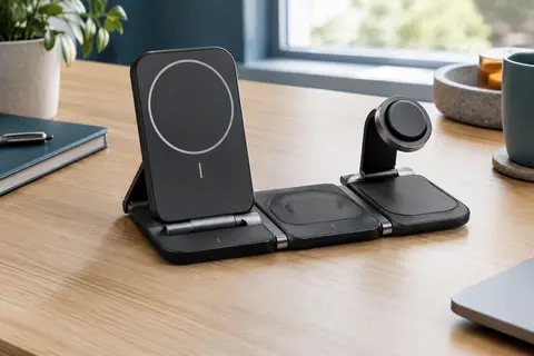 Station de charge Keepro pliable noire déployée sur un bureau en bois clair, avec ses modules réglables