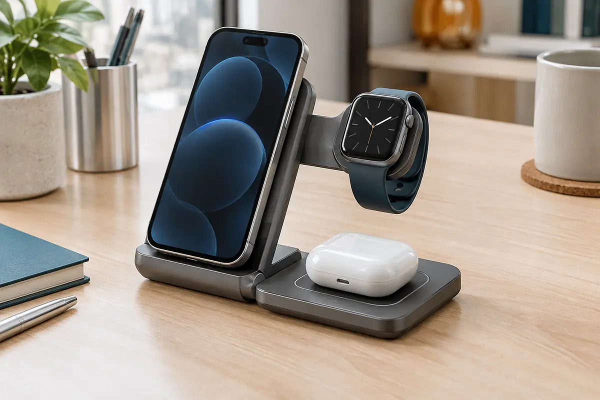 Station de charge sans fil 3-en-1 pliable gris foncé avec un téléphone, une montre et des écouteurs.