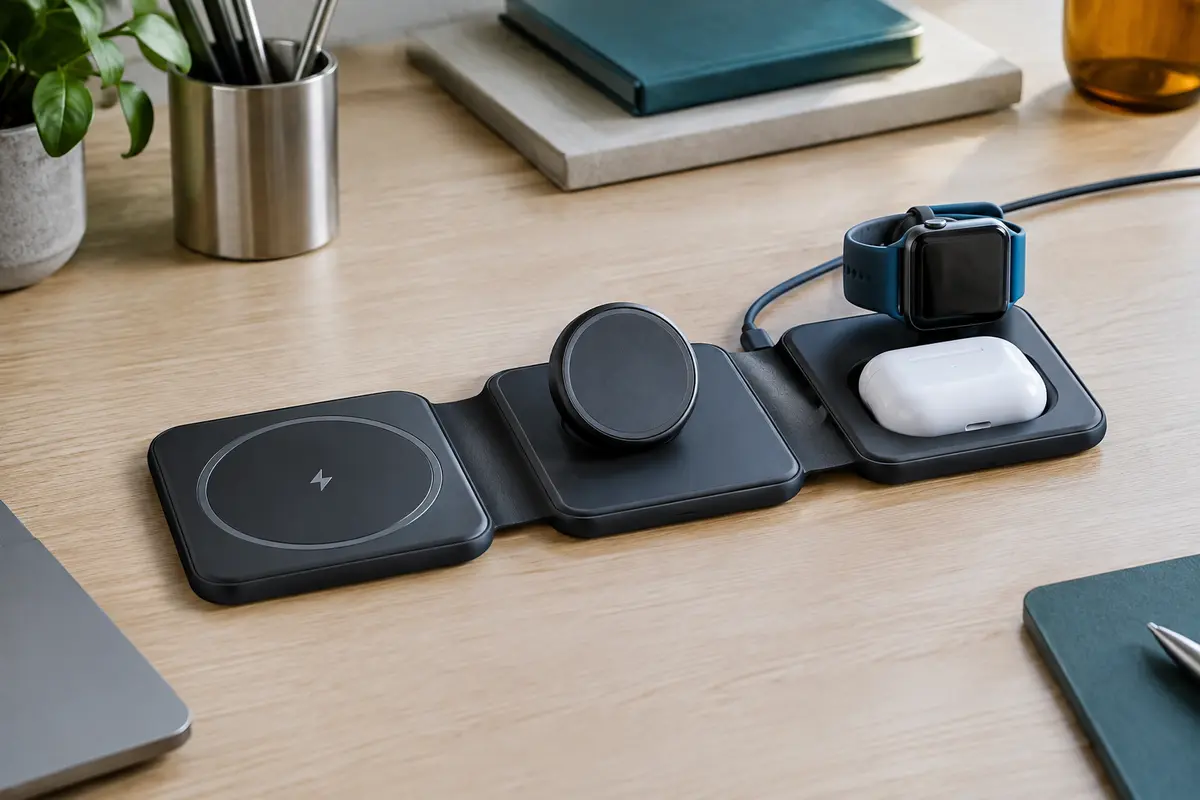 Station de charge noire KU XIU X55 Turbo pliable, avec trois zones sans fil sur un bureau en bois clair.