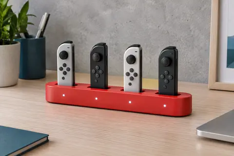 Socle de charge rouge à quatre emplacements alignés, avec quatre petites manettes debout et voyants LED, sur un bureau en bois clair