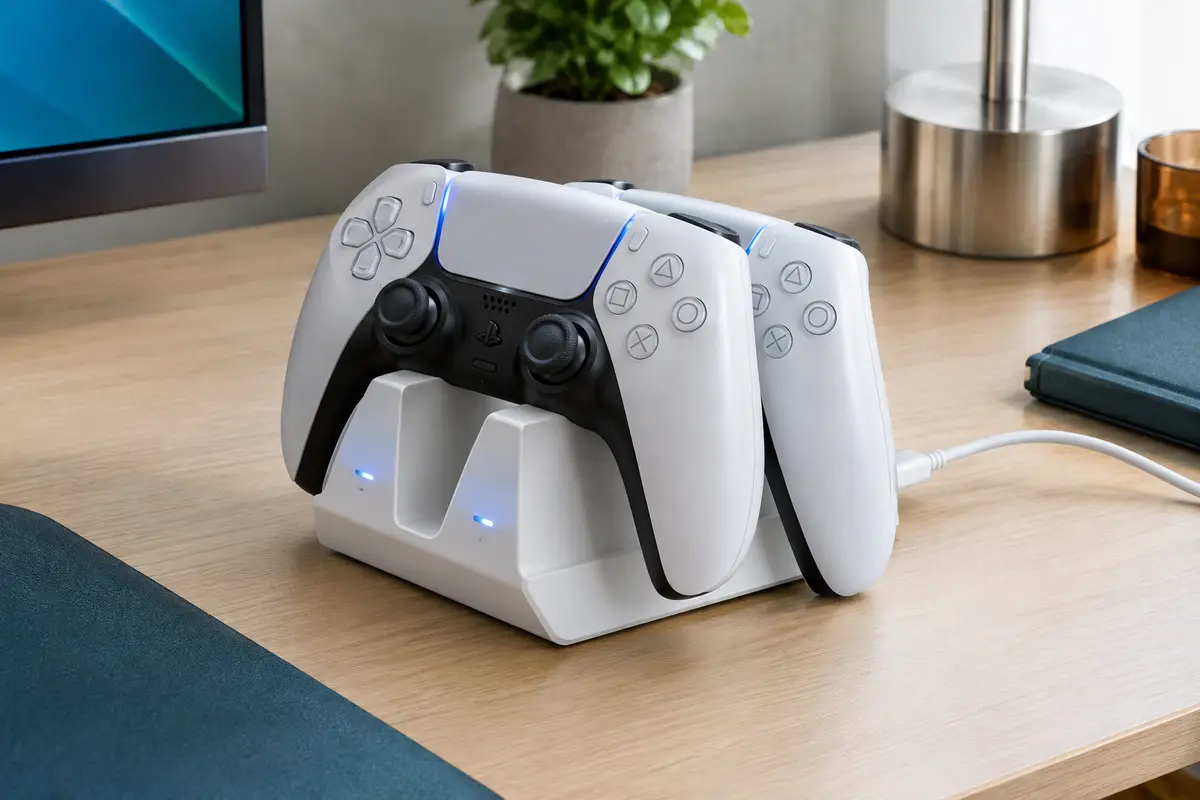 Station blanche à deux emplacements avec des manettes PS5, des voyants LED et un câble USB-C
