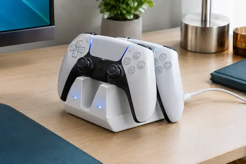 Station blanche à deux emplacements avec des manettes PS5, des voyants LED et un câble USB-C