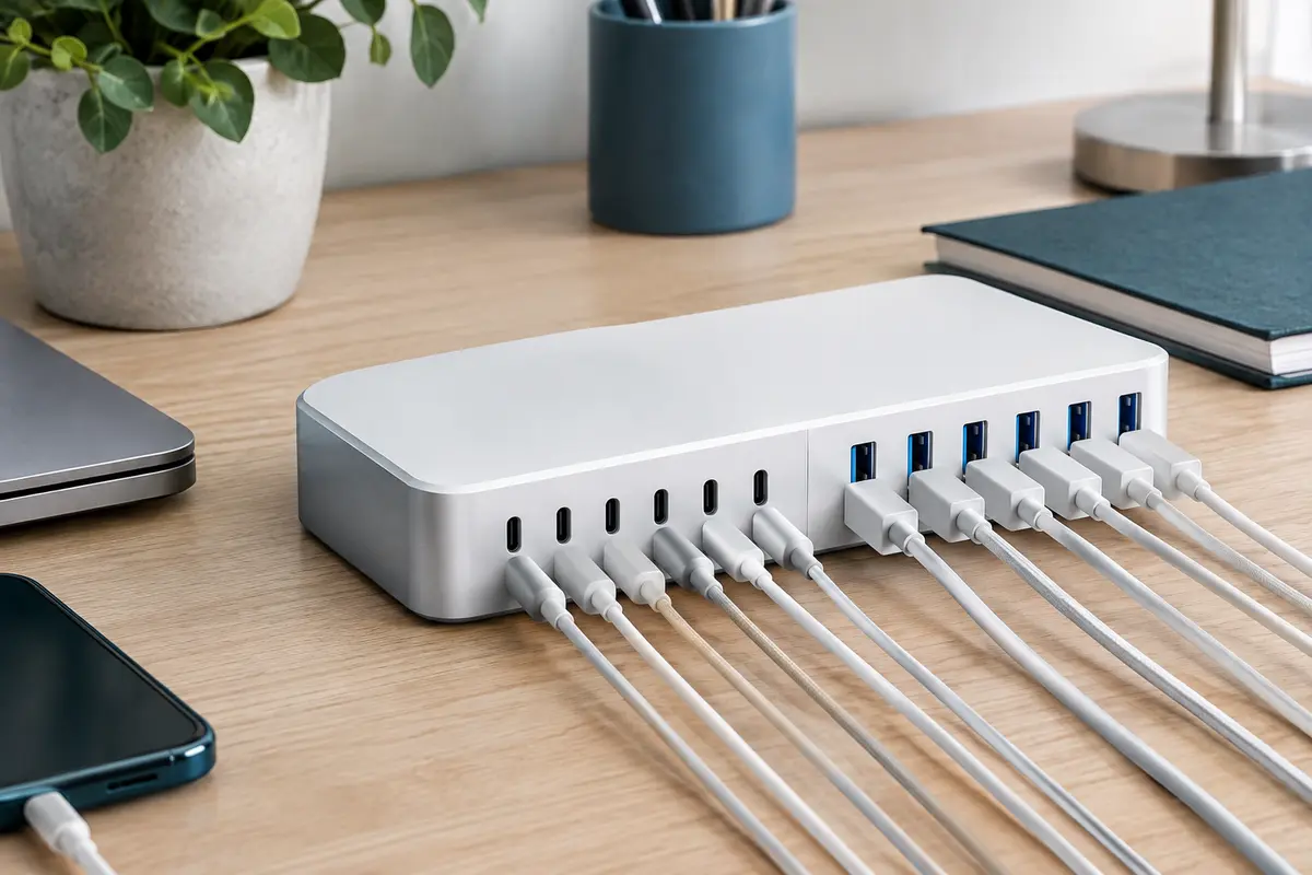 Station de charge USB blanche à douze ports, posée sur un bureau en bois clair avec des câbles rangés.