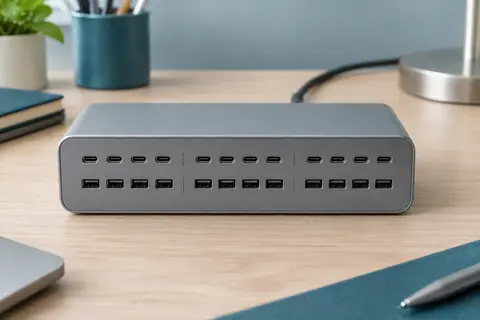 Station de charge grise allongée avec 12 ports USB-C et 12 ports USB-A en deux rangées, sur un bureau en bois clair