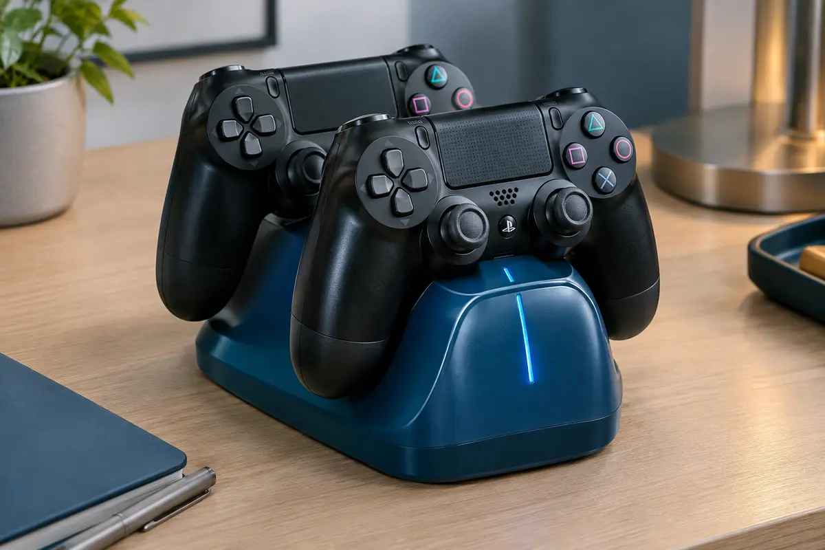 Station de charge bleue Oivo accueillant deux manettes PS4 sur un bureau clair, avec voyants LED visibles.