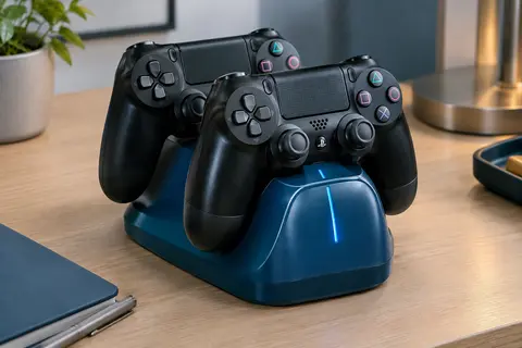 Station de charge bleue Oivo accueillant deux manettes PS4 sur un bureau clair, avec voyants LED visibles.
