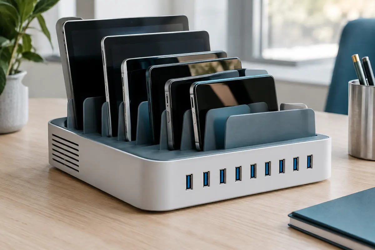 Station de charge USB à dix ports avec séparateurs pour smartphones et tablettes, posée sur un bureau.