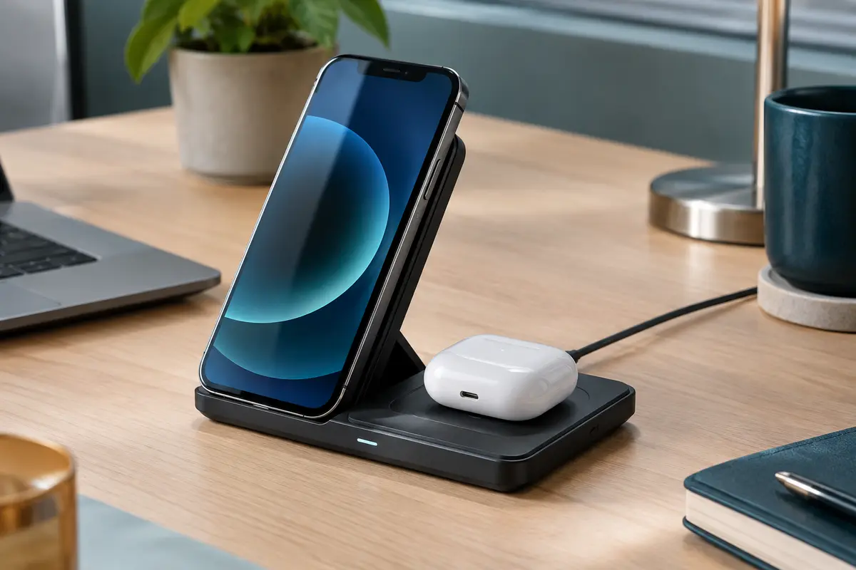Chargeur sans fil pliable noir à deux zones de recharge, installé sur un bureau en bois clair