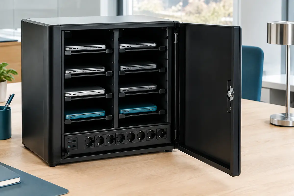 Armoire noire de charge pour huit appareils, ouverte sur ses compartiments séparés et sa multiprise intégrée.
