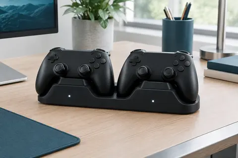 Support de charge double noir accueillant deux manettes de jeu noires sans marquage, voyants LED allumés, sur un bureau en bois clair