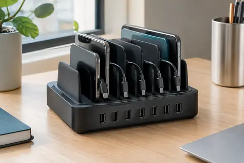 Station de charge USB noire à six ports avec séparateurs amovibles et câbles courts sur un bureau