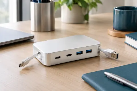 Station de charge blanche en aluminium avec ports USB et deux câbles rétractables sur un bureau