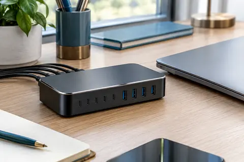 Station de charge noire à dix ports installée sur un bureau en bois clair avec ses câbles regroupés.