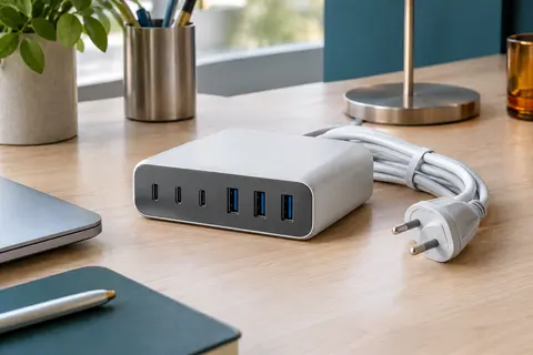 Station de charge compacte à six ports USB-C et USB-A posée sur un bureau en bois clair