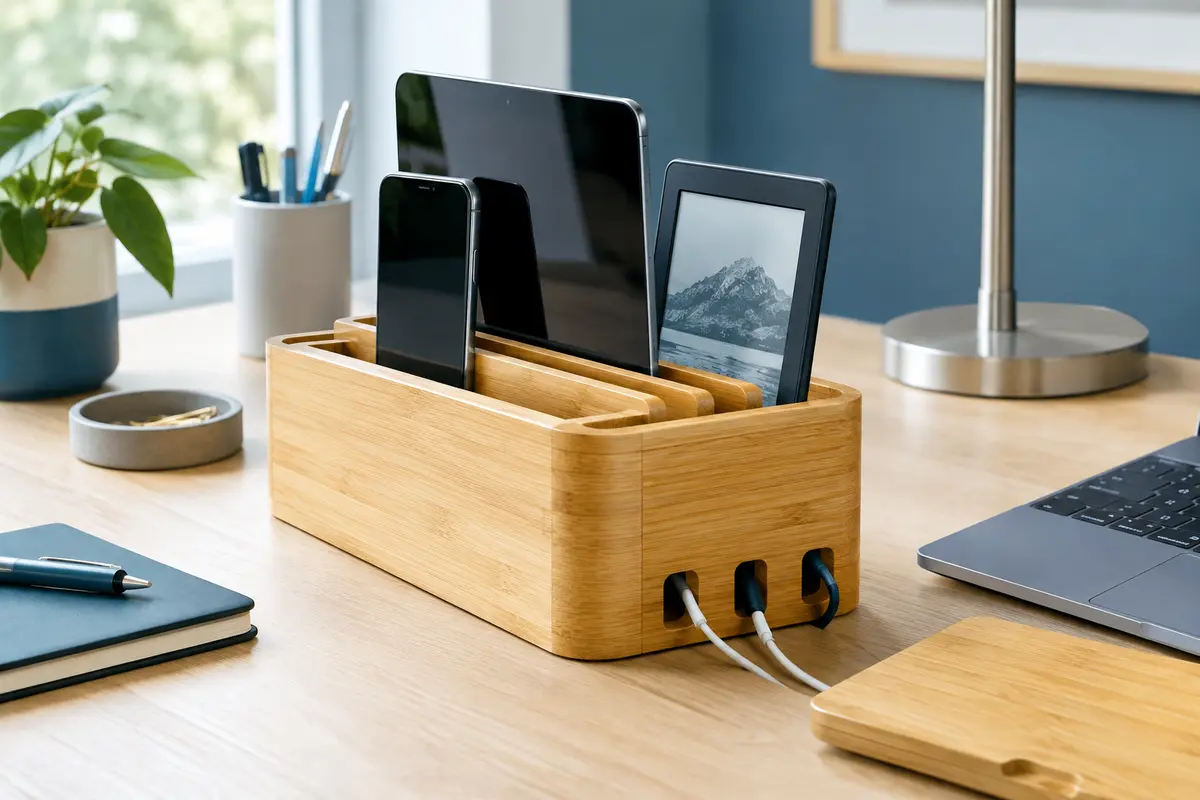 Station de recharge en bambou avec câbles rangés et appareils posés sur un bureau clair