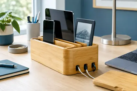 Station de recharge en bambou avec câbles rangés et appareils posés sur un bureau clair