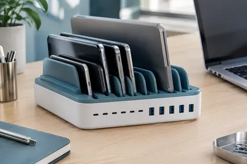 Station de charge Rocoren à dix ports USB-C et USB-A posée sur un bureau contemporain