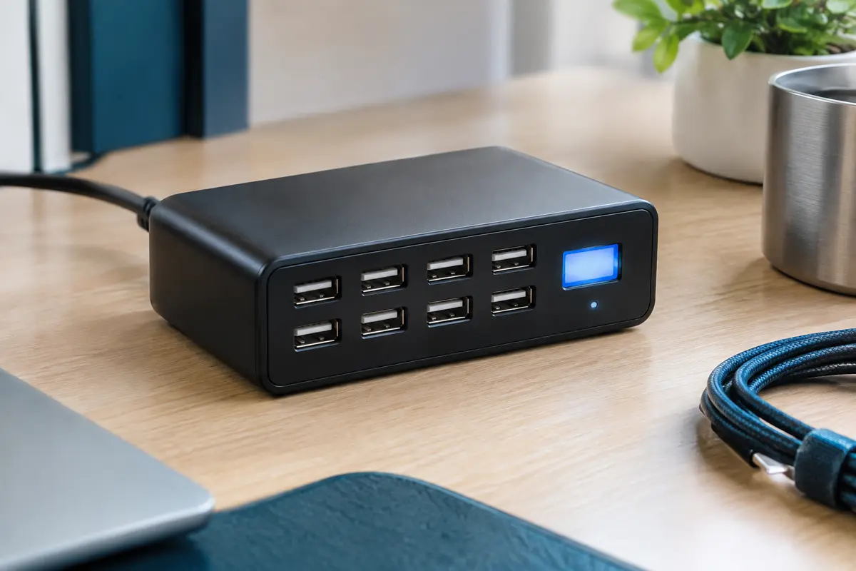 Station de charge USB noire à huit ports et écran LED posée sur un bureau en bois clair.