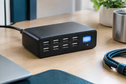 Station de charge USB noire à huit ports et écran LED posée sur un bureau en bois clair.
