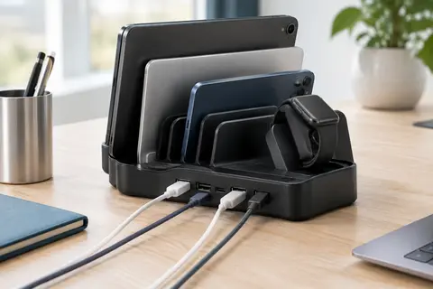 Station de charge noire à ports USB-A et USB-C, avec cloisons amovibles sur un bureau en bois clair