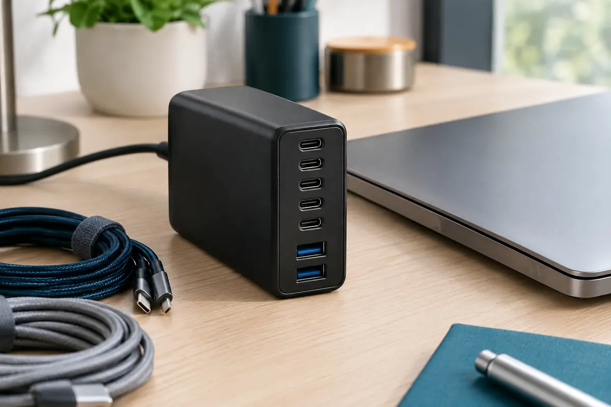 Chargeur multiports Sccvee noir avec sorties USB-C et USB-A posé sur un bureau en bois clair.