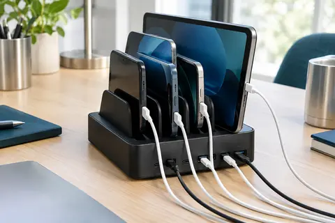 Station de charge noire à dix ports USB-C et USB-A, avec séparateurs et appareils rangés sur un bureau.