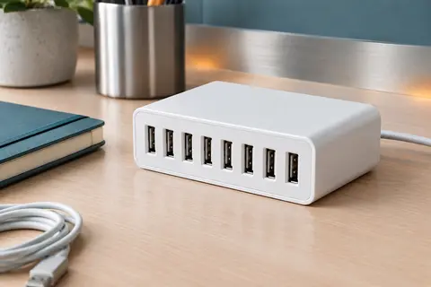 Station de charge USB blanche à huit ports posée sur un bureau contemporain en bois clair.