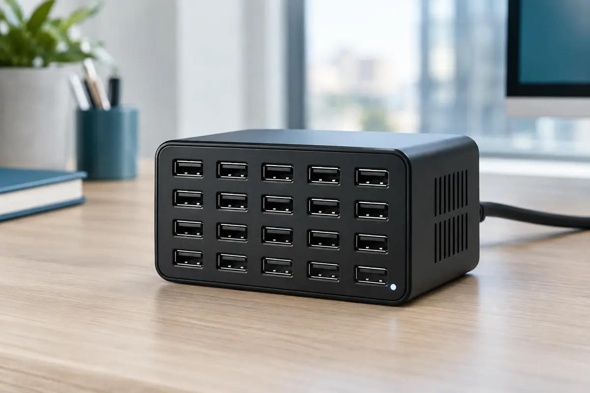 Station de charge noire compacte couverte de 20 ports USB-A vides, posée seule sur un bureau en bois clair