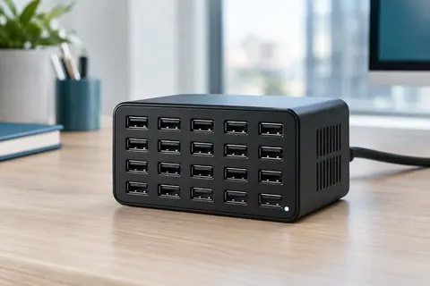 Station de charge noire compacte couverte de 20 ports USB-A vides, posée seule sur un bureau en bois clair