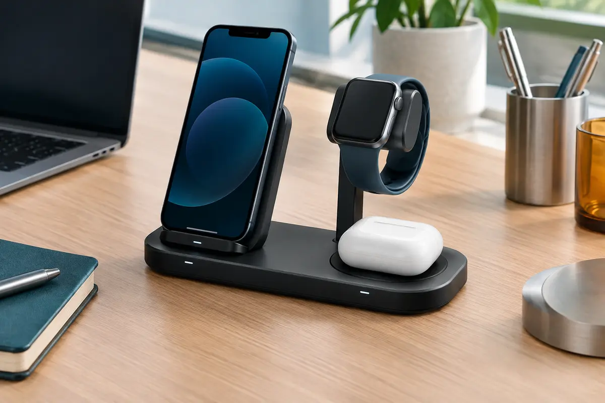 Station de charge sans fil 3-en-1 Seacosmo posée sur un bureau en bois clair, avec trois zones de recharge.
