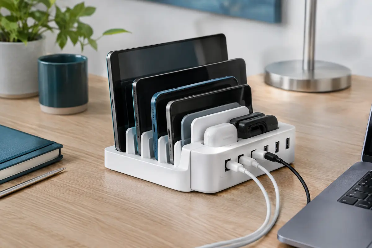 Station de charge USB blanche à six ports avec séparateurs et support pour accessoires, posée sur un bureau.