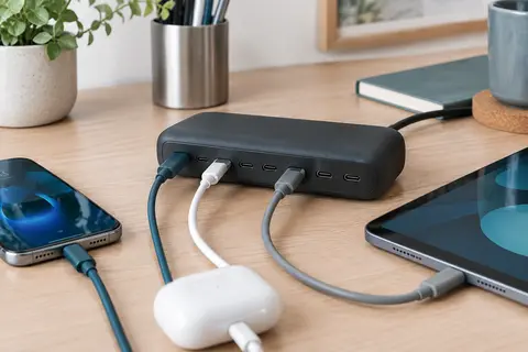 Station de charge noire à sept ports USB-C installée sur un bureau avec plusieurs appareils mobiles connectés