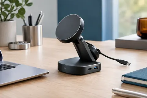 Station noire en aluminium avec support magnétique inclinable, câble USB-C rétractable et ports de charge sur un bureau.