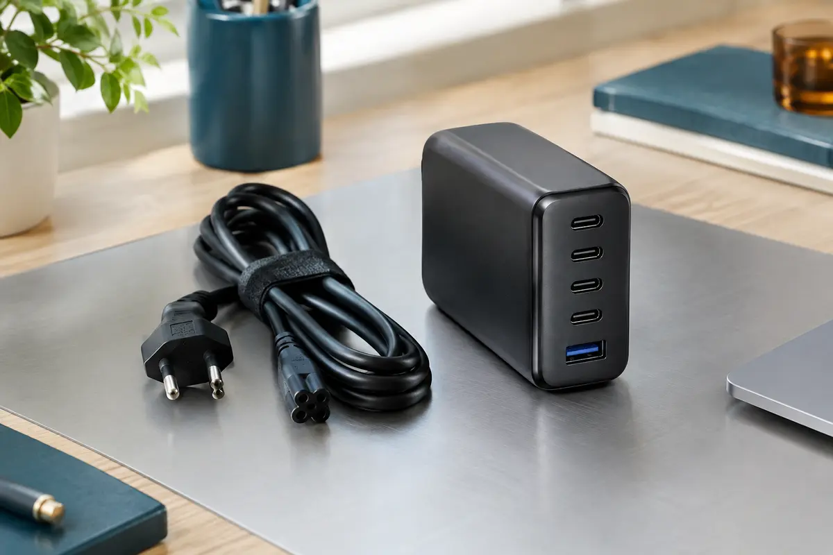 Chargeur de bureau Ugreen noir à cinq ports, quatre USB-C et un USB-A, posé sur un bureau contemporain.