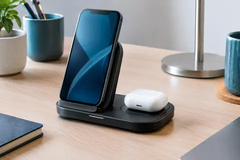 Station noire Ugreen à deux zones de charge sans fil, installée sur un bureau en bois clair.