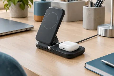 Station de charge Ugreen pliable pour iPhone et AirPods, installée sur un bureau clair.